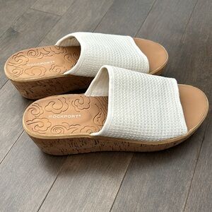 ROCKPORT Women’s Lanea Woven Slide Sandals, White Tan Cork Wedge Platform Heel